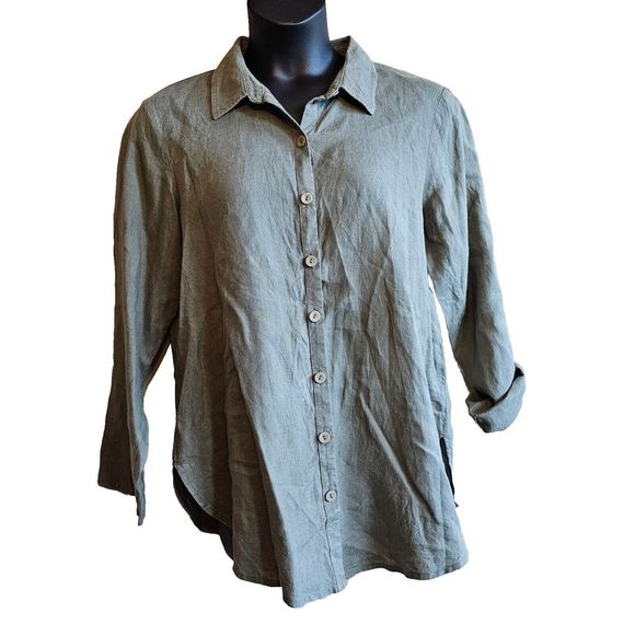 FLAX Tops - flax linen women's clothing medium Button Up Blouse Sage Green Natural Fibers